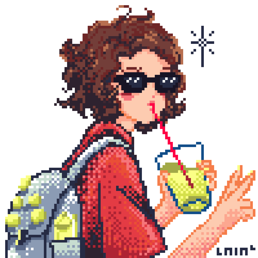 Muñoz Laia illustration portfolio personnel digital. Pixel art autoportrait de moi avec une boisson