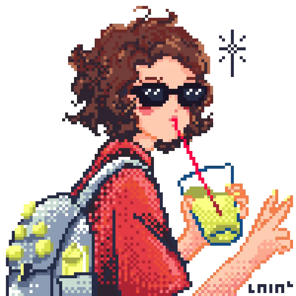 Muñoz Laia illustration portfolio personnel digital. Pixel art autoportrait de moi avec une boisson